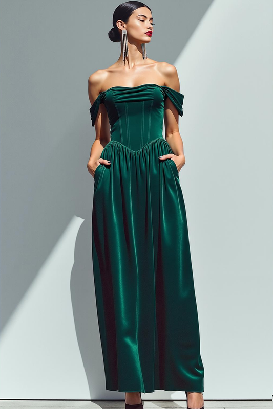 Robe longue de soirée de Noël corsetée trapèze en velours vert foncé avec poches