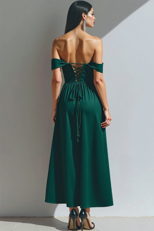 Robe longue de soirée de Noël corsetée trapèze en velours vert foncé avec poches