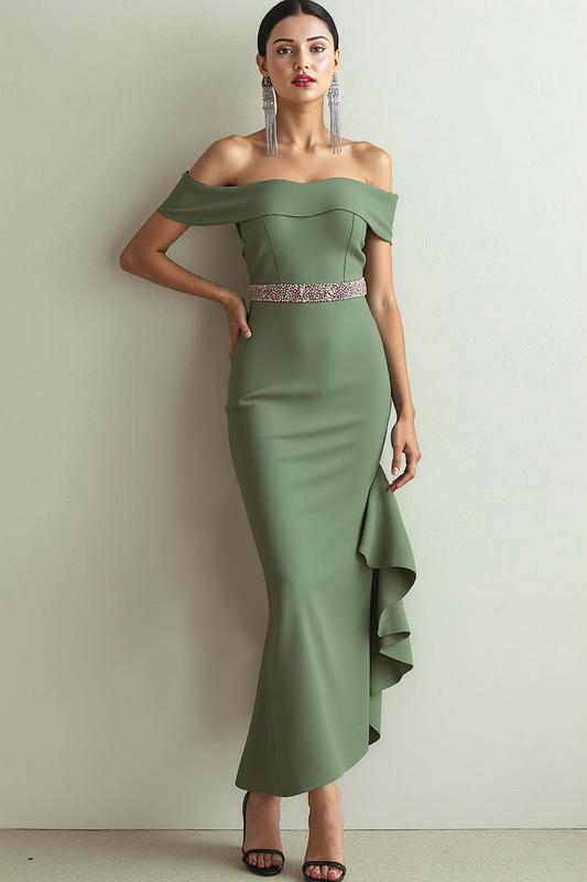 Robe de soirée sirène vert olive à épaules dénudées avec volants