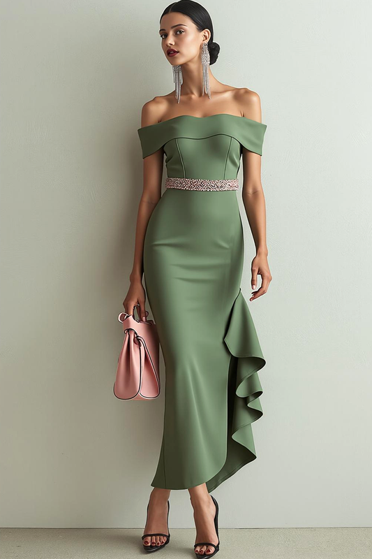 Robe de soirée sirène vert olive à épaules dénudées avec volants