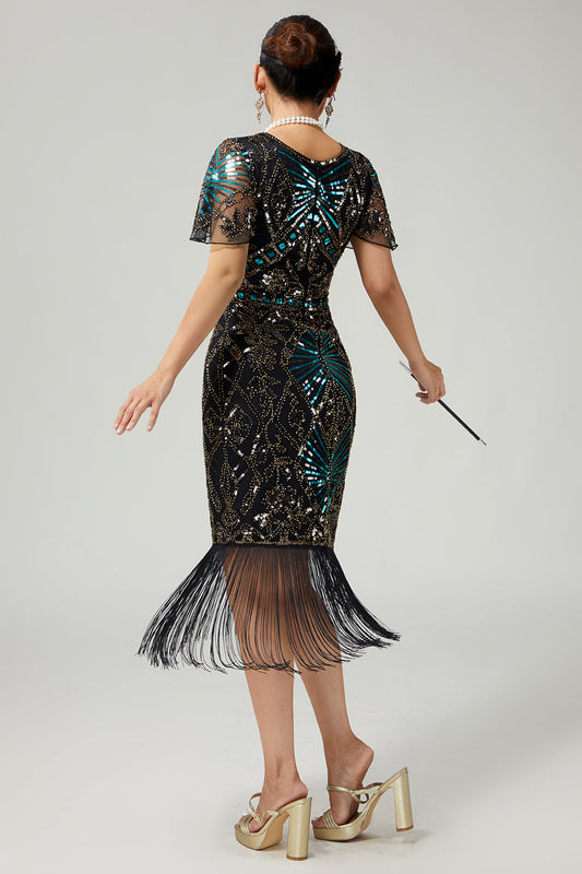 Vestido de flecos negros y azules brillantes de los años 20 con mangas cortas
