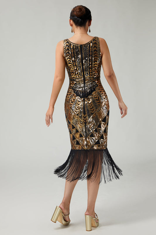 Robe noire et dorée à sequins style années 20 avec franges