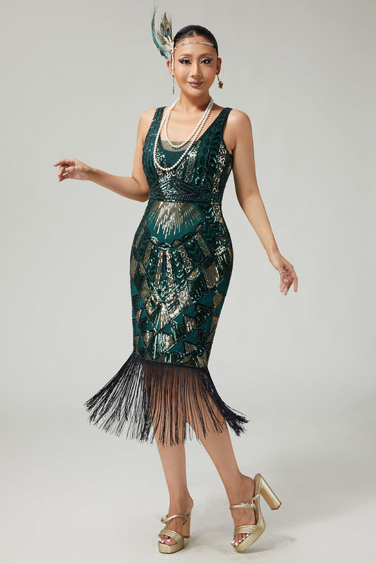 Robe 1920 Vert Foncé Sans Manches Moulante à Sequins et Franges