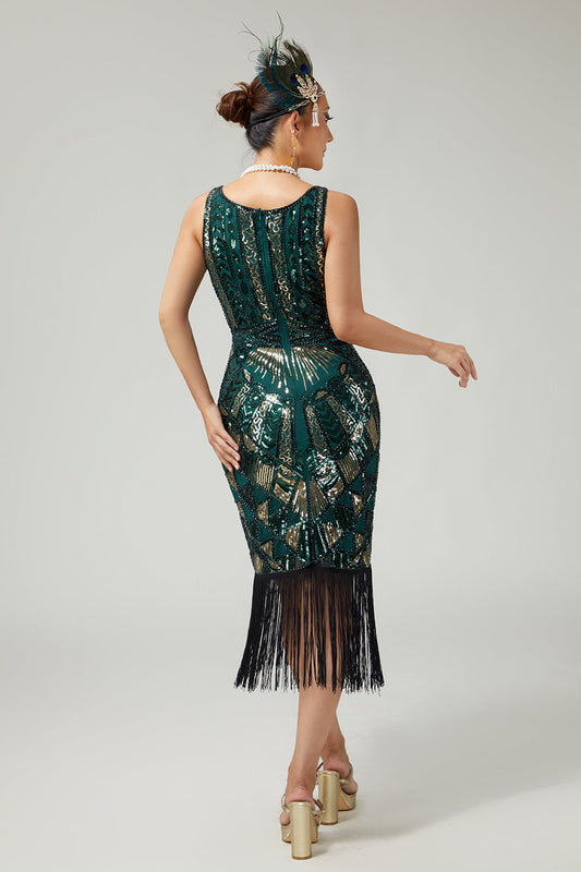 Robe 1920 Vert Foncé Sans Manches Moulante à Sequins et Franges
