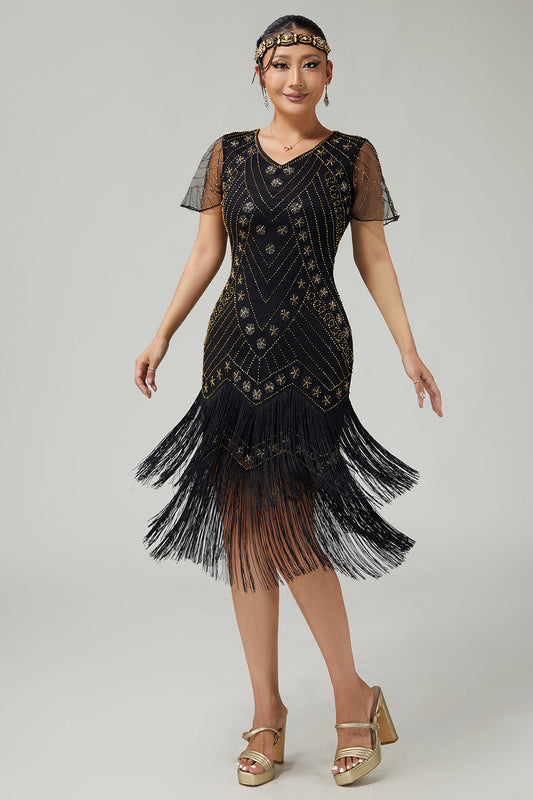 Black Golden Tiered Fringed 1920s Dress With Beading