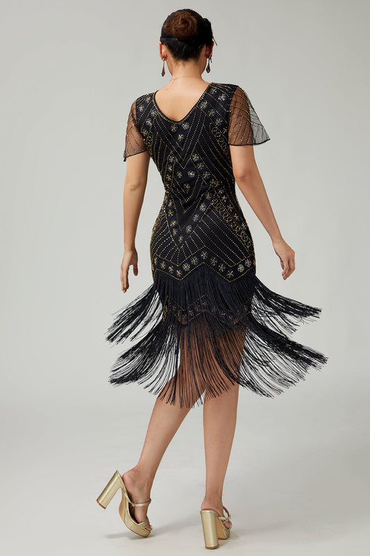Black Golden Tiered Fringed 1920s Dress With Beading