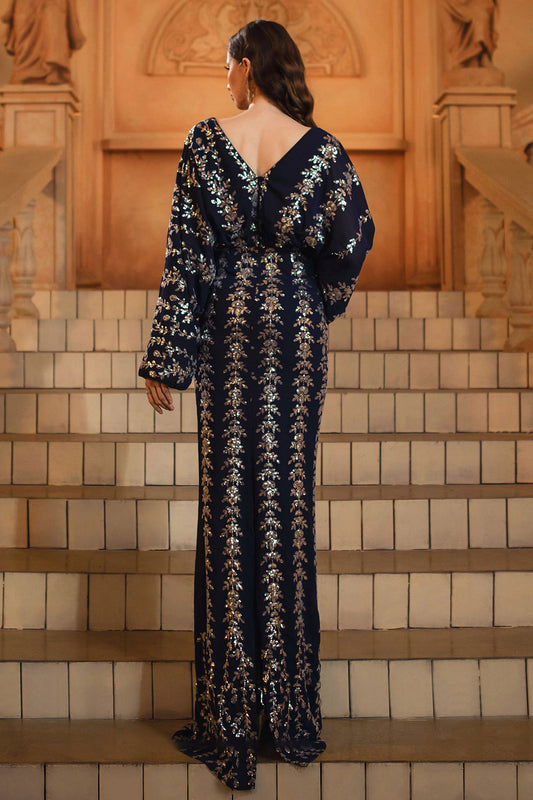 Vestido formal Sparkly azul marino con cuello en V y manga larga