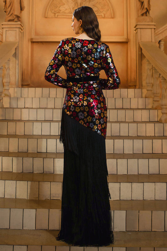 Sparkly Black V-Neck Long Sleeve Mermaid Formal Dress