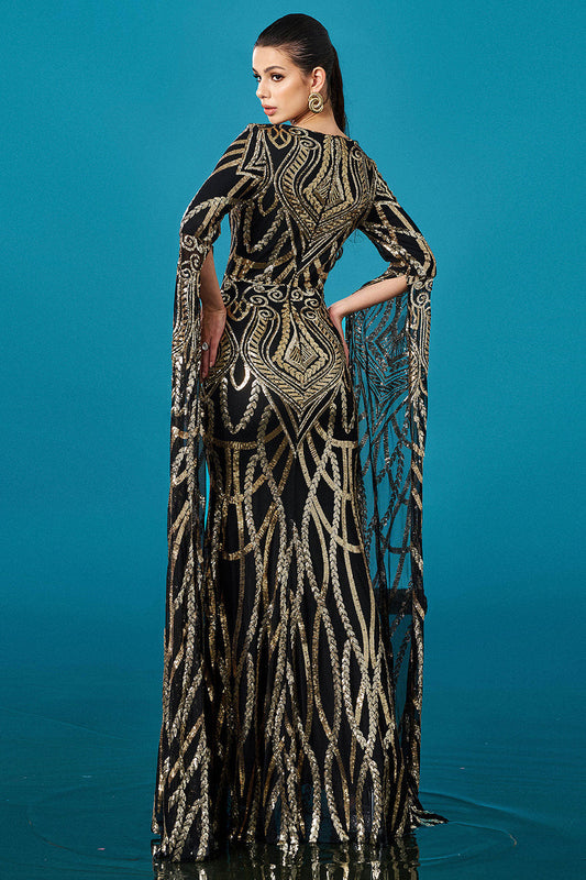 Robe de soirée sirène longue à manches longues à sequins, noir doré