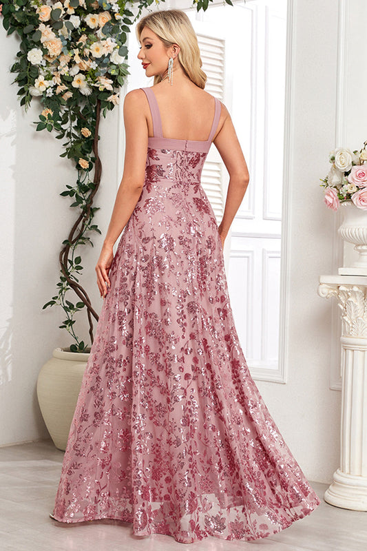 Blush A Line Thick Straps Floral Long Prom Dress with Slit