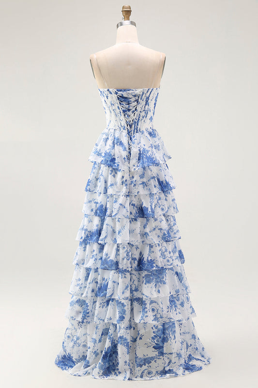 Robe de bal longue corset trapèze étagée fleur bleue et blanche avec fente