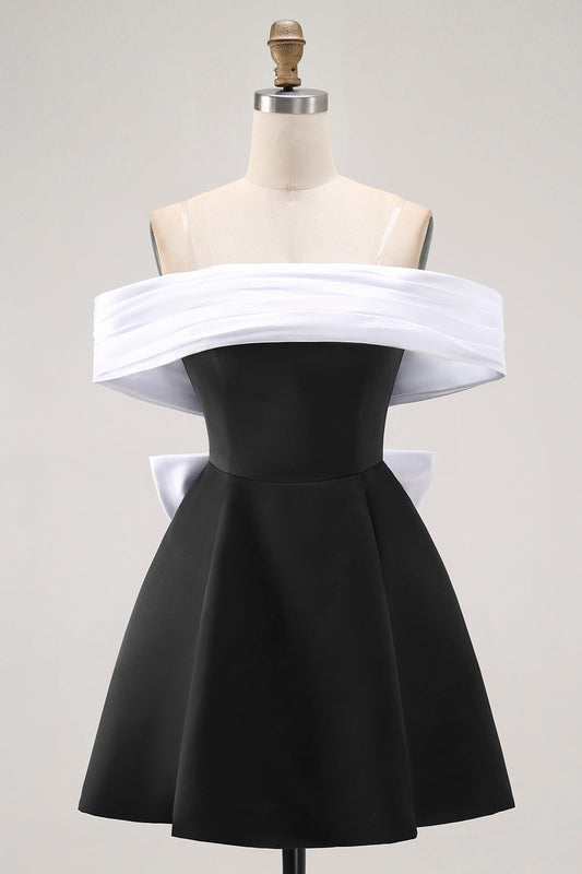 Robe courte de bal noire trapèze à épaules dénudées avec nœud