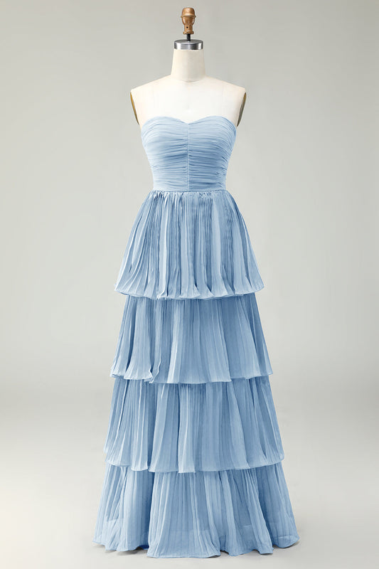 Blush Pink A-Line Strapless Pleated Tiered Long Bridesmaid Dress