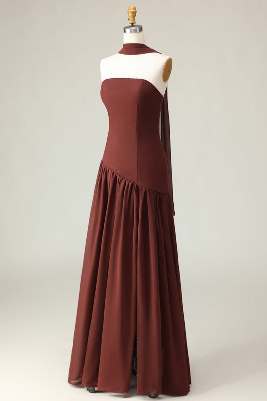 Brown A-Line Strapless Maxi Dress with Scarf