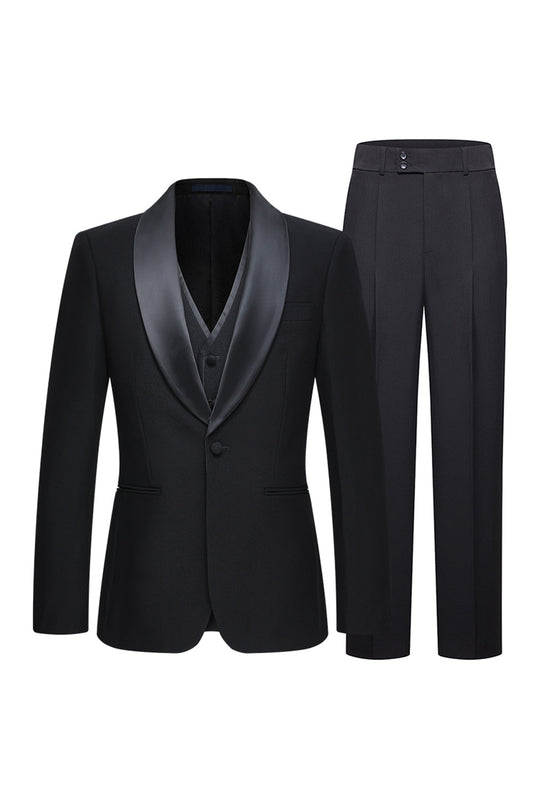 3-Piece Shawl Lapel One-Button Black Men's Suits