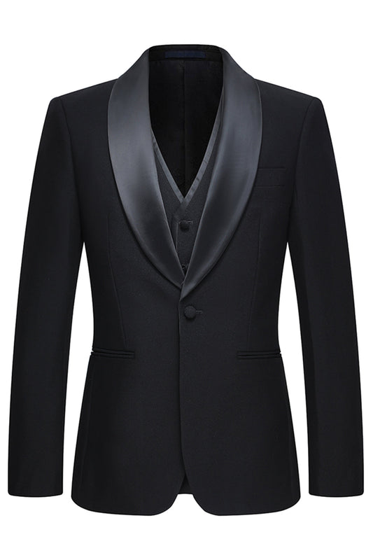 3-Piece Shawl Lapel One-Button Black Men's Suits
