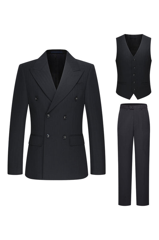 Trajes de negocios de 3 piezas para hombre con solapa de pico y doble botonadura, color negro