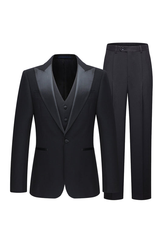 Costumes de mariage slim fit noirs 3 pièces à revers pointus pour hommes