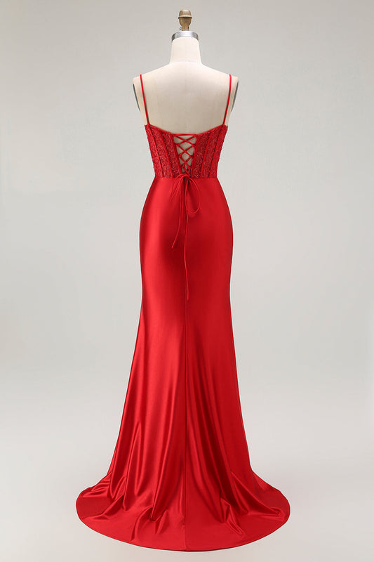 Robe de bal longue plissée sirène rouge à fines bretelles avec corset et fente