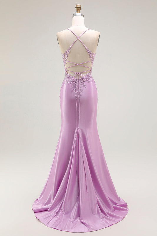 Robe de bal longue corset sirène violette à bretelles spaghetti et fente