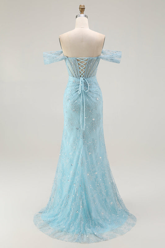 Blue Mermaid Off The Shoulder Beaded Long Prom Dress with Slit