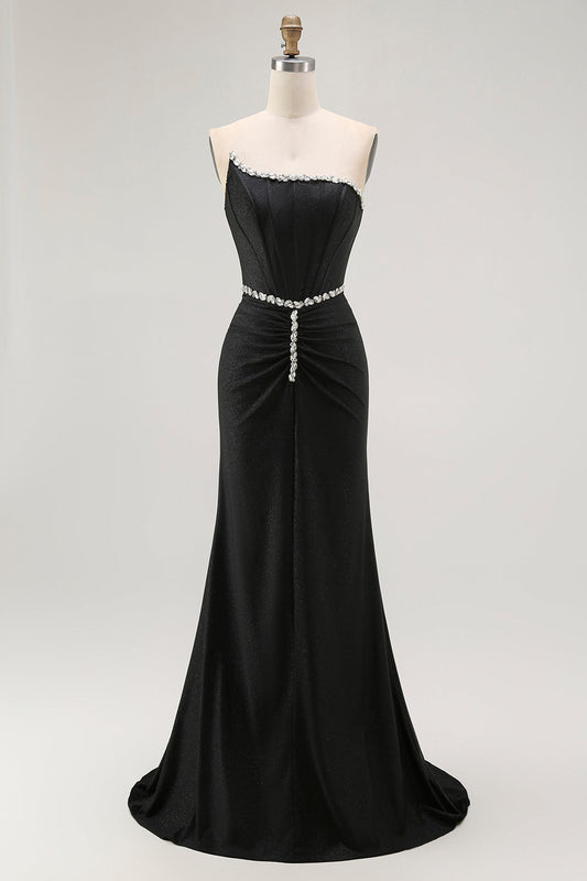 Black Mermaid Strapless Corset Long Prom Dress with Beading