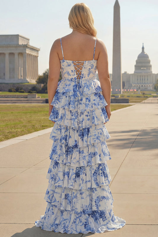 A-Line White Blue Floral Basque Waist Corset Tiered Long Plus Size Prom Dress with Slit