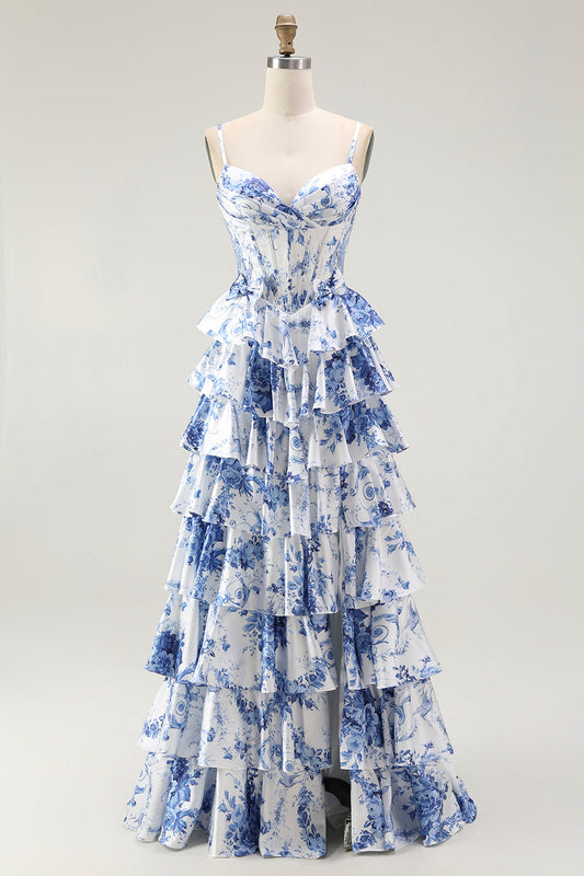 Robe de bal trapèze étagée corset fleuri blanc bleu