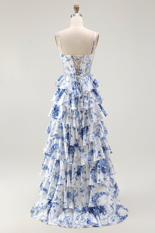 Robe de bal trapèze étagée corset fleuri blanc bleu