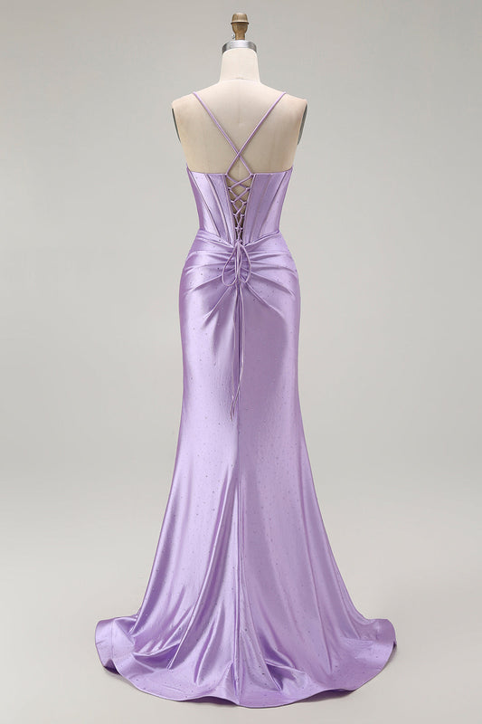 Robe de bal longue sirène violette à bretelles spaghetti, corset et perles avec fente