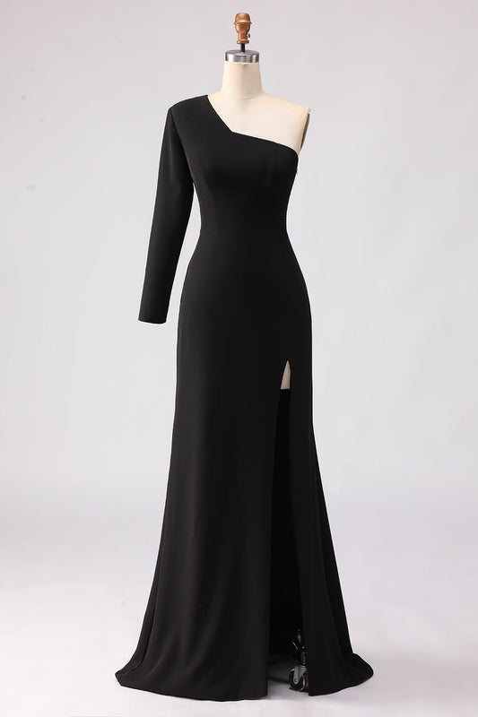 Black One-Shoulder Mermaid Satin Mother of the Bride Dress with Slit