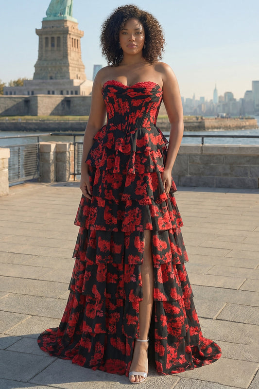 Black Red Flower Sweetheart Corset Tiered A-Line Long Plus Size Prom Dress with Slit