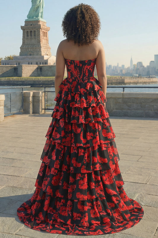 Black Red Flower Sweetheart Corset Tiered A-Line Long Plus Size Prom Dress with Slit