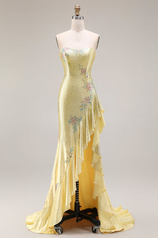 Yellow Beaded Mermaid Long Prom Dress with Ruffled Slit
