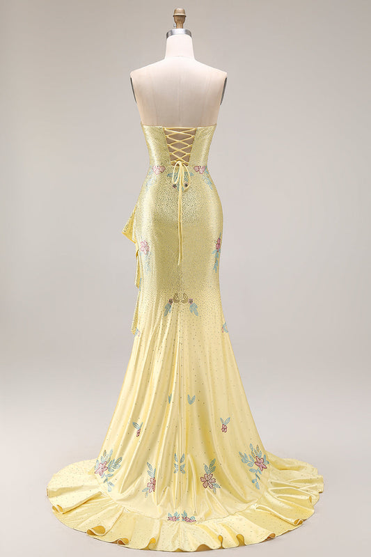 Yellow Beaded Mermaid Long Prom Dress with Ruffled Slit
