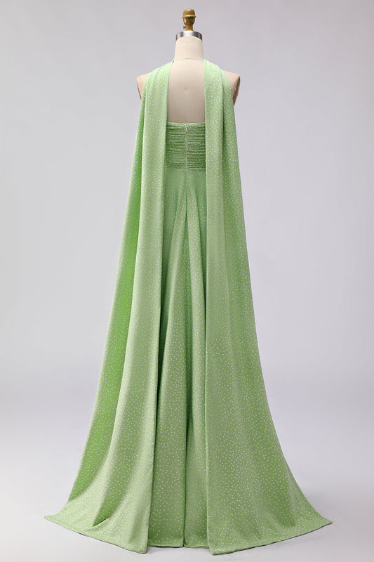 Robe longue bustier plissée transformable de demoiselle d'honneur avec imprimé à pois vert et blanc