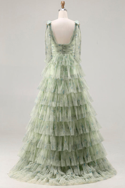 Robe de bal longue verte à volants étagés, coupe trapèze et fente, à motif floral