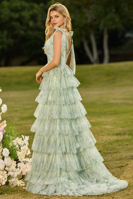 Robe de bal longue en tulle vert à volants étagés et fente, motif floral, coupe trapèze