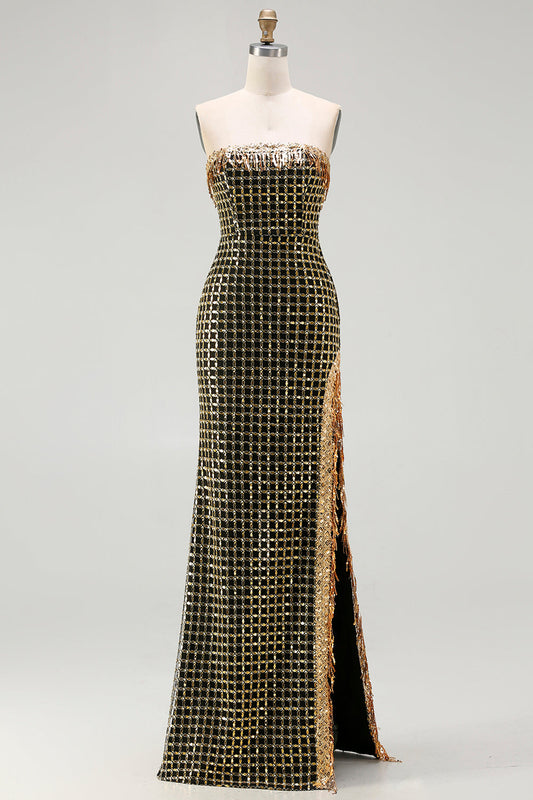Robe de bal longue sans bretelles noire dorée scintillante avec fente, sequins et perles