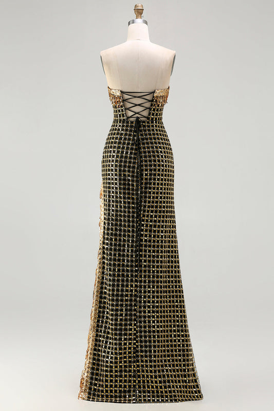 Robe de bal longue sans bretelles noire dorée scintillante avec fente, sequins et perles
