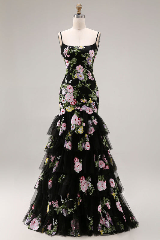 Robe longue de bal de promo noire rose fleur sirène à sequins à volants avec dos lacé