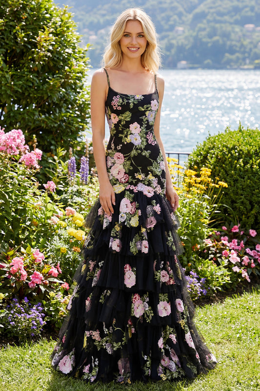 Robe longue de bal de promo noire rose fleur sirène à sequins à volants avec dos lacé