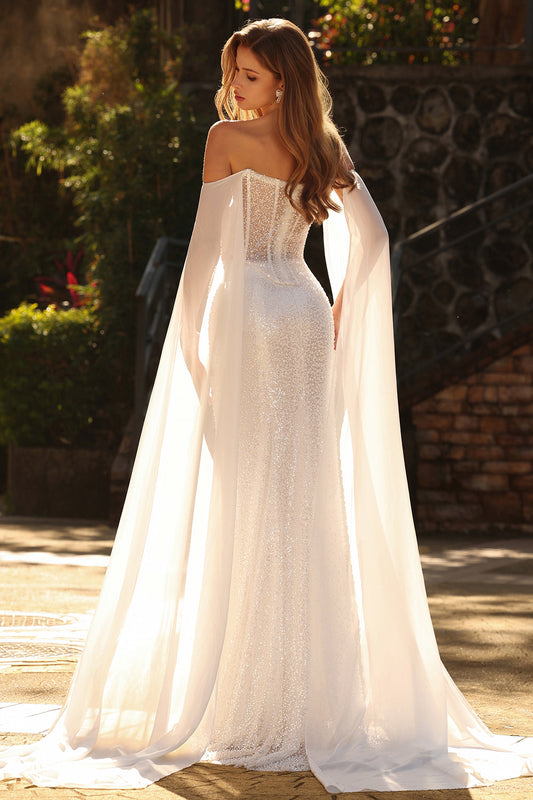 Robe de bal longue sirène à perles blanches avec décolleté en cœur, taille basque et paillettes, avec cape
