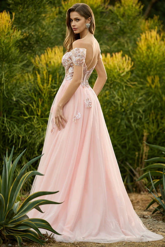 Pink A Line Beaded Off the Shoulder Sheer Corset Long Prom Dress with Sequins