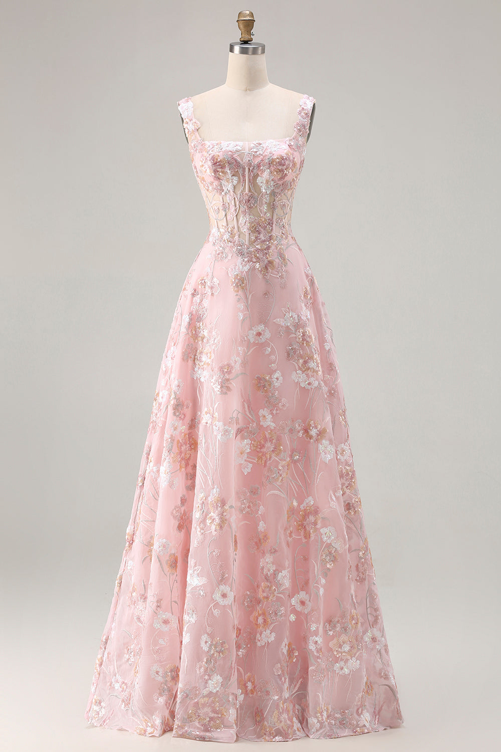 Pink Corset A-Line Embroidered Long Floral Prom Dress with Sequins