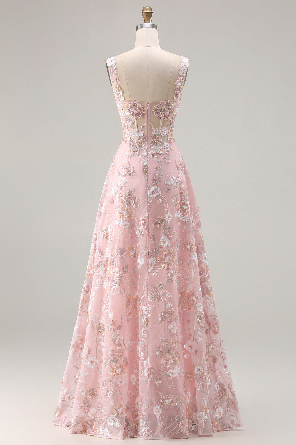 Pink Corset A-Line Embroidered Long Floral Prom Dress with Sequins