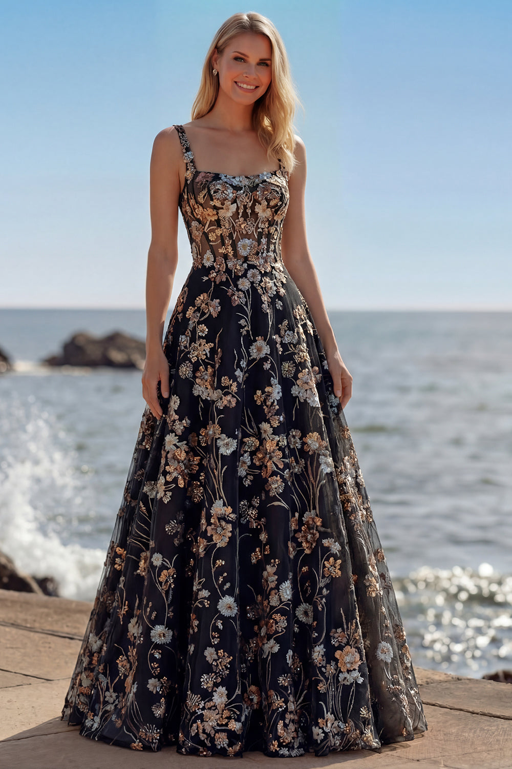 Pink Corset A-Line Embroidered Long Floral Prom Dress with Sequins