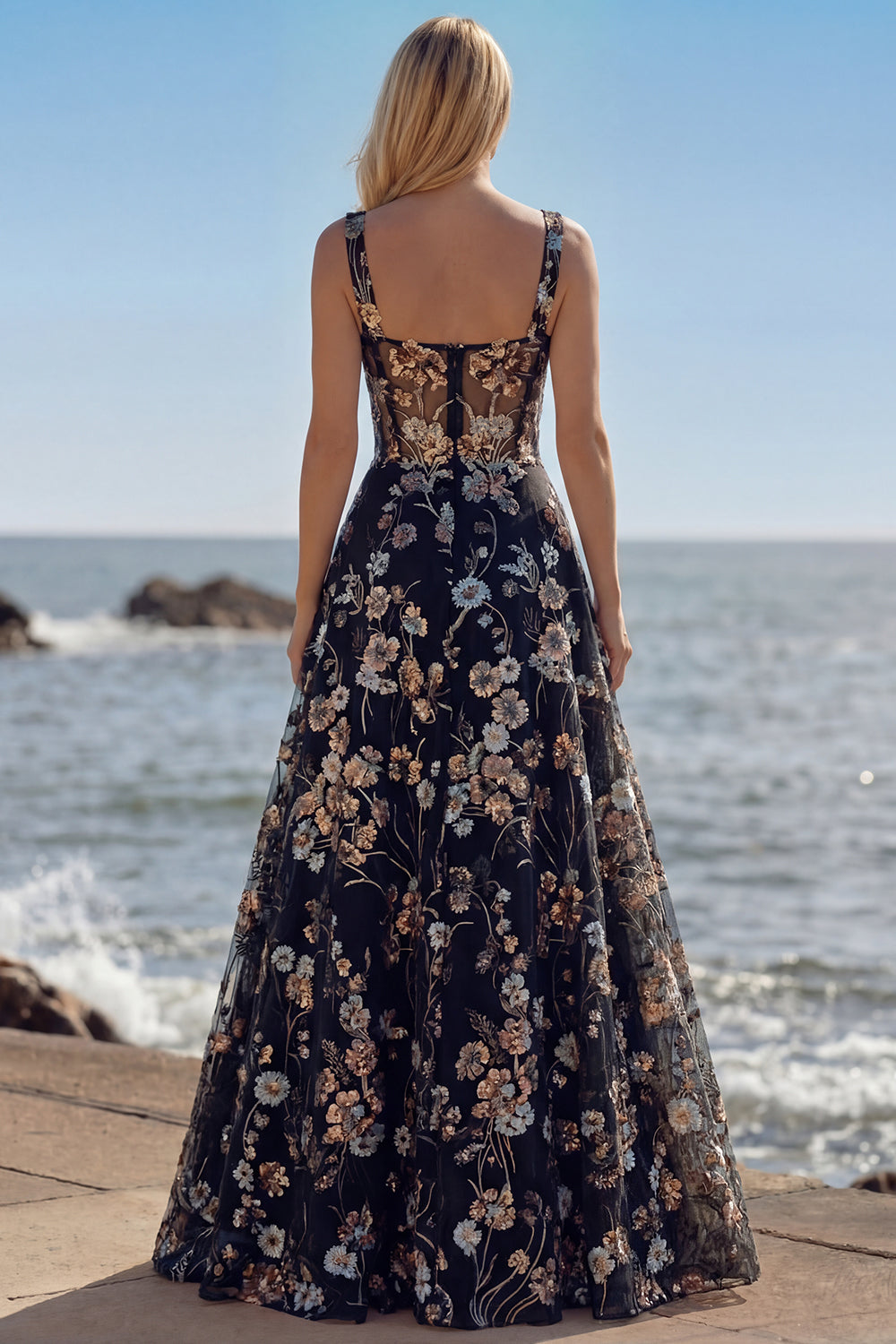 Pink Corset A-Line Embroidered Long Floral Prom Dress with Sequins