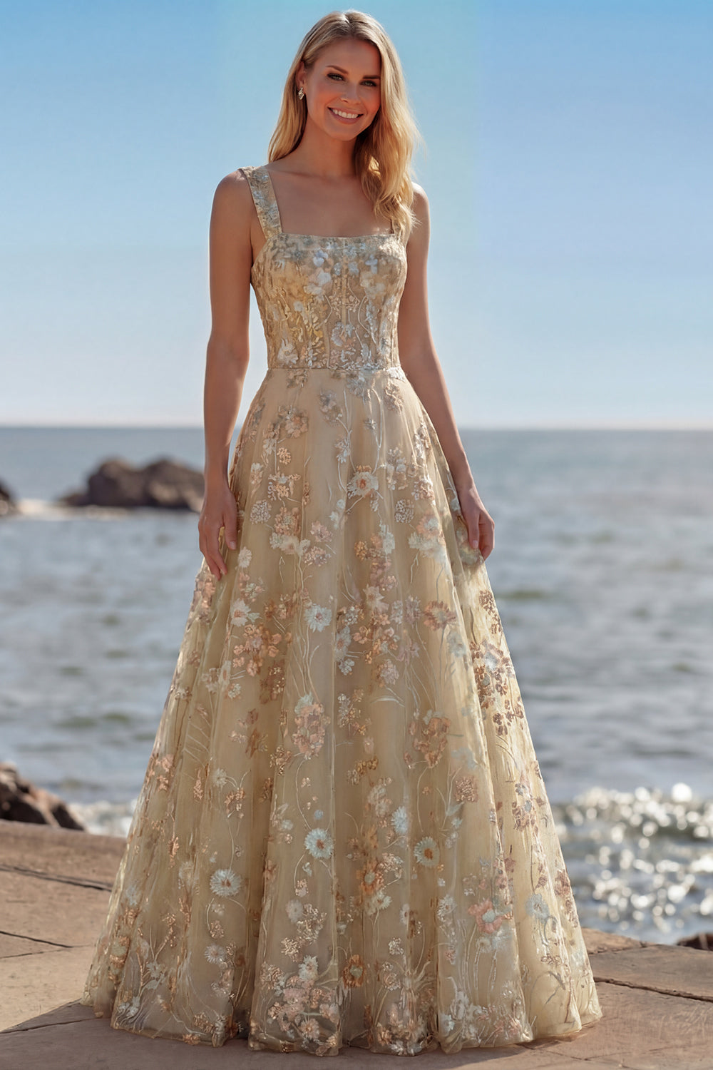 Pink Corset A-Line Embroidered Long Floral Prom Dress with Sequins