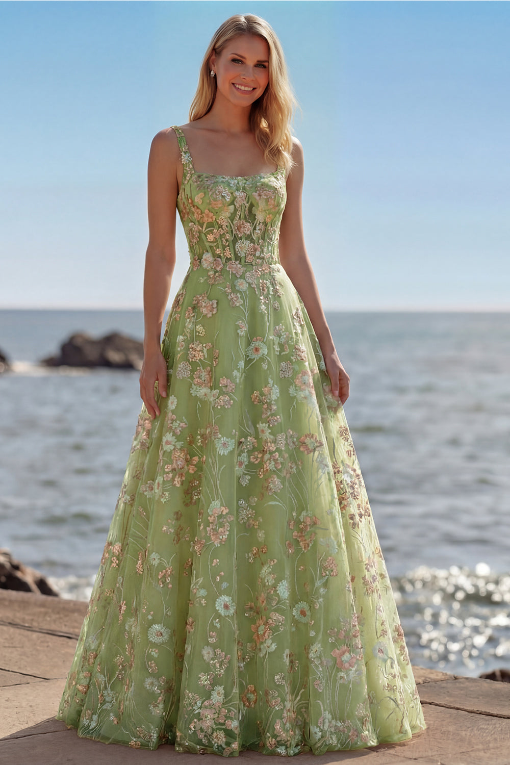 Pink Corset A-Line Embroidered Long Floral Prom Dress with Sequins